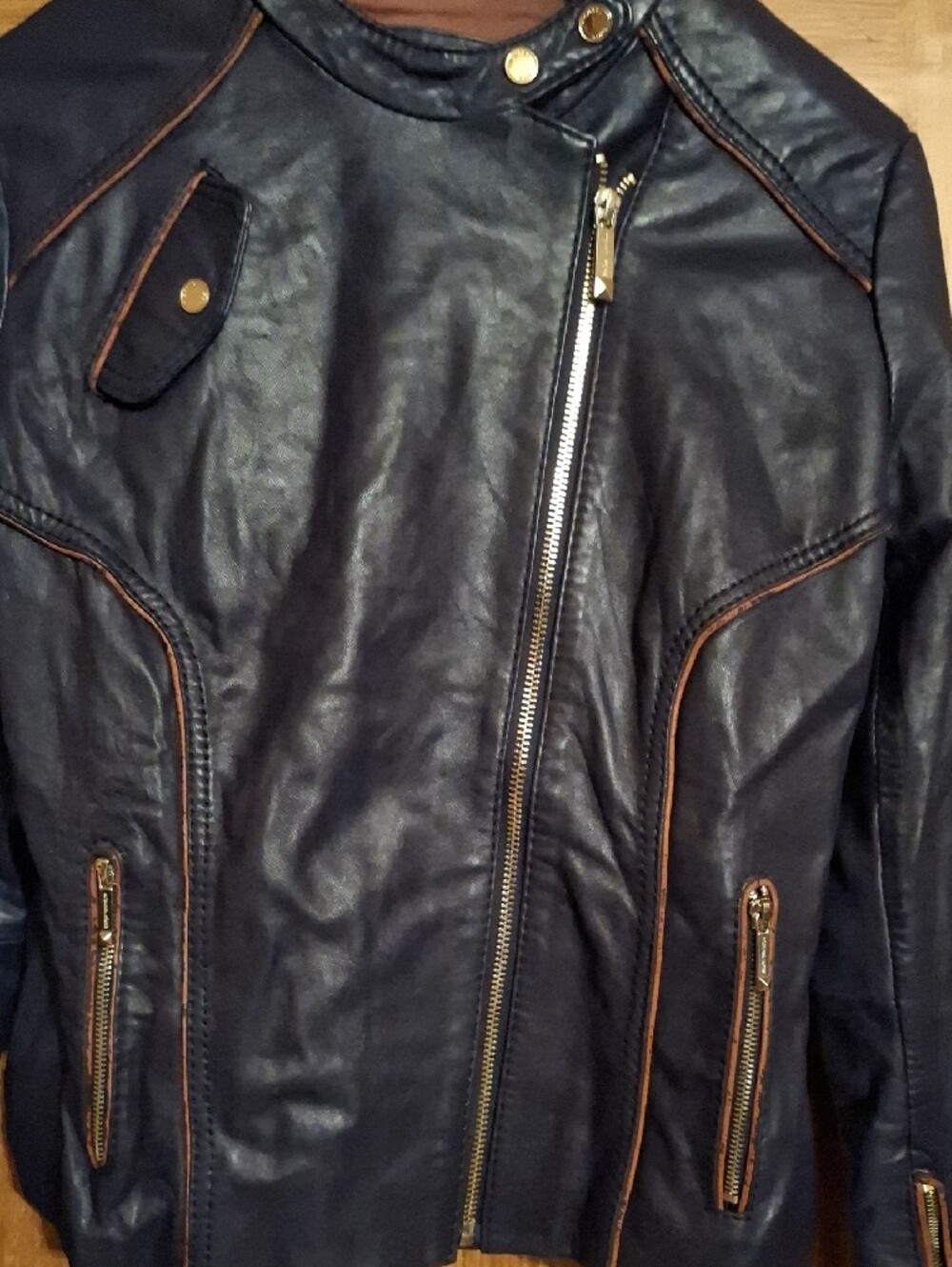 Michael Kors Navy Leather Moto Jacket with Tan Contrast Trim - Picture 2 of 15